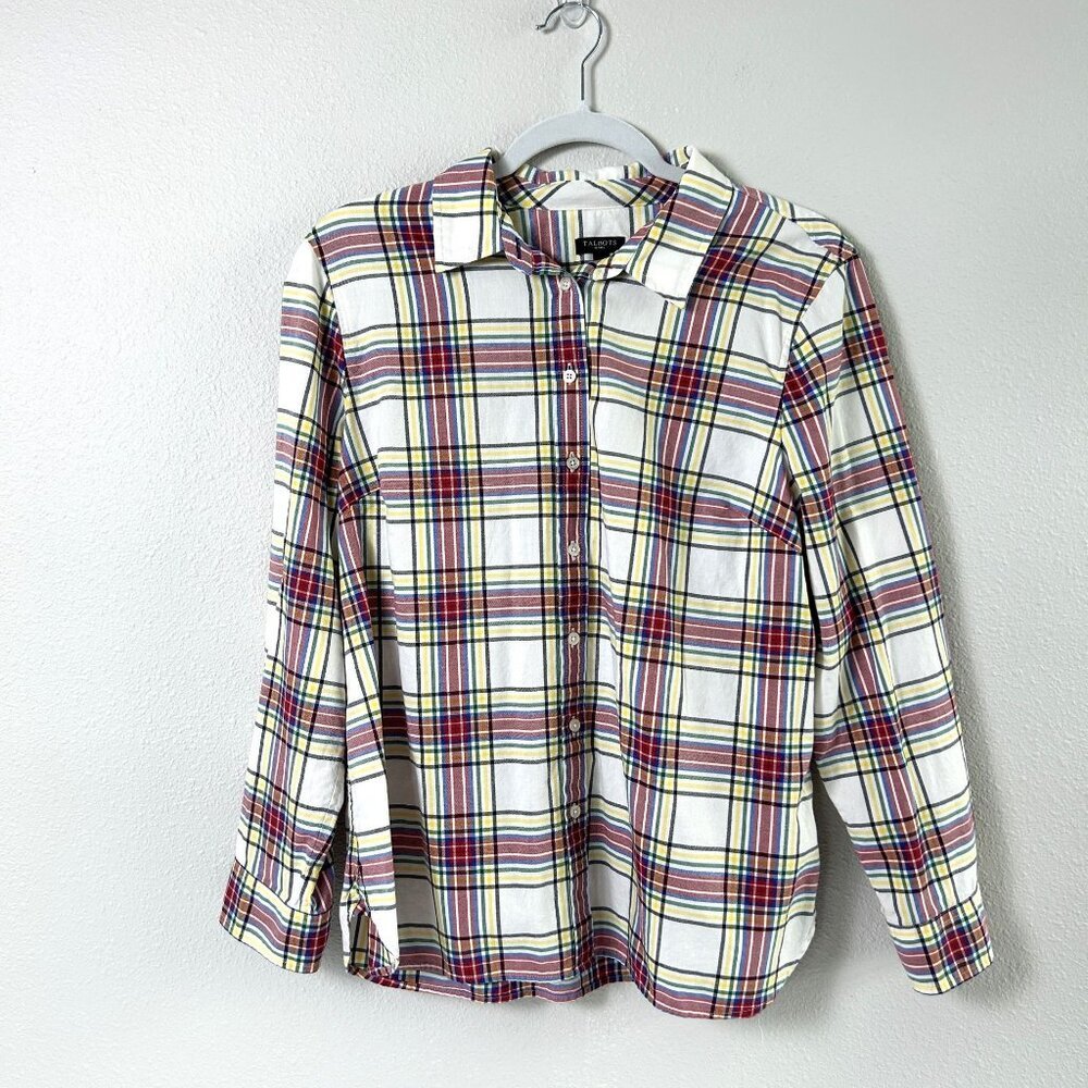 Talbots Top Petite L LP White Red Blue Yellow Plaid Button Up Long Sleeve Cotton
